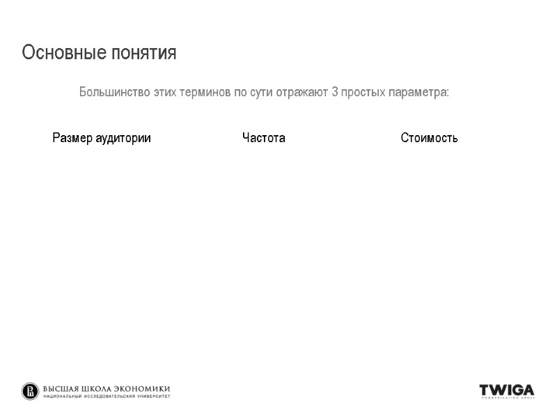 Большинство этих терминов по сути отражают 3 простых параметра: Основные понятия Размер аудитории Частота Большинство этих терминов по сути отражают 3 простых параметра: Основные понятия Размер аудитории Частота